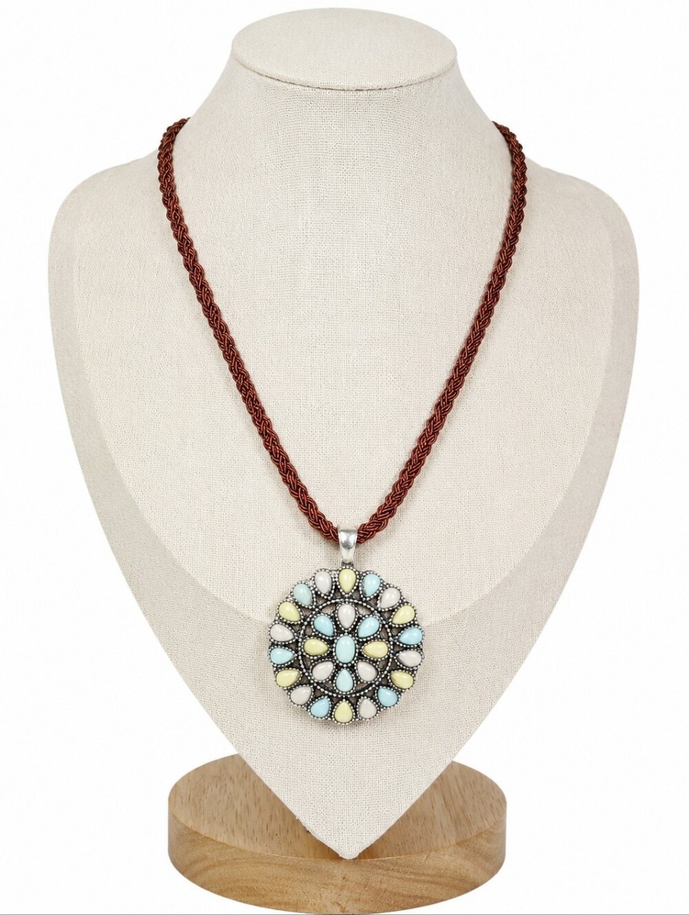 20" Round Multi-Tone Stone Medallion Pendant Necklace on Braided Burgundy Cord